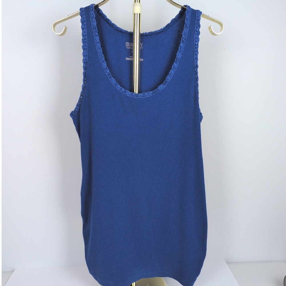 Old Navy Women L Maternity Ribbed Lace-Trim Tank Top Blue Ruched Side 90s Style